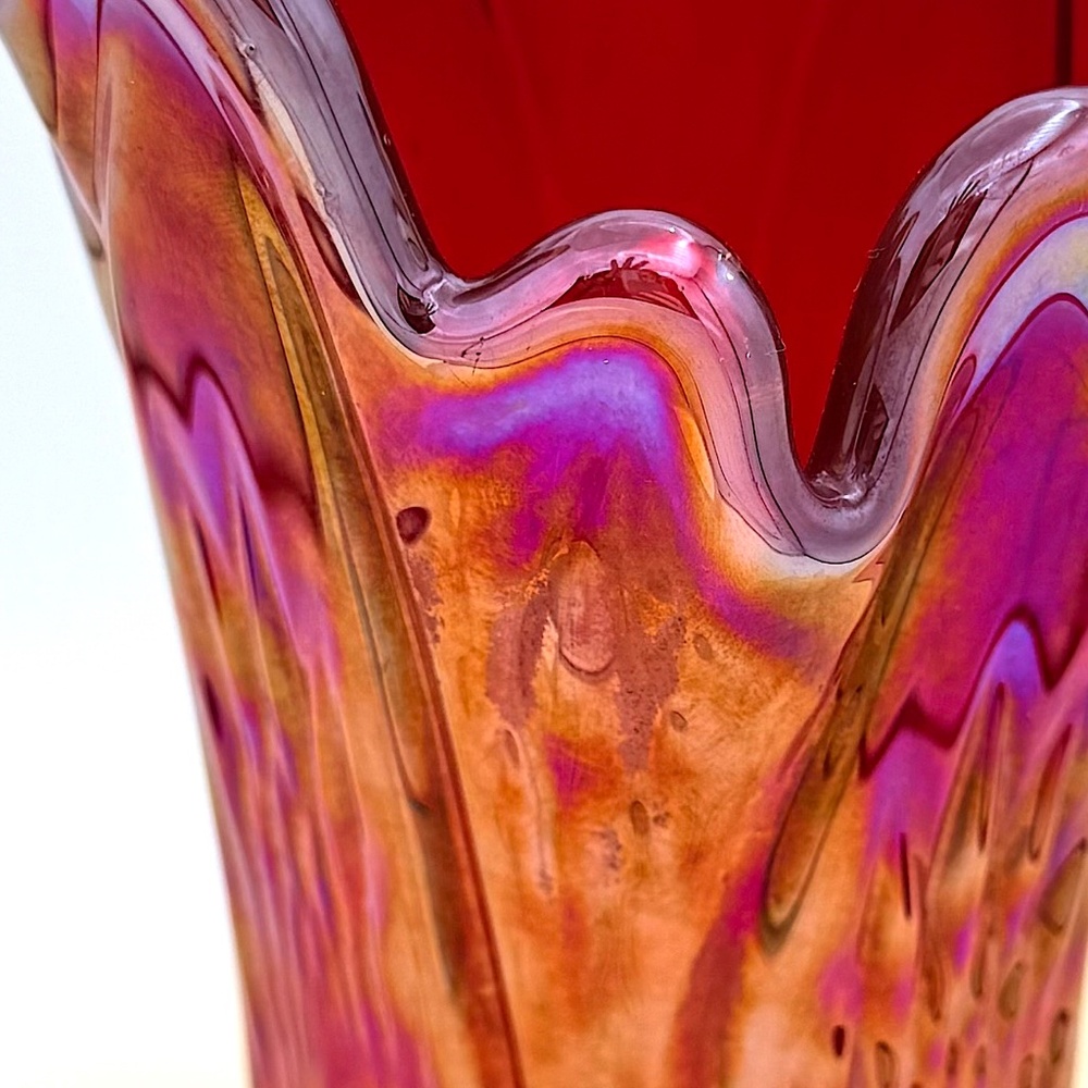 π SOLD π Carnival Glass Swung Vase Vintage Orange Red Eclectic Artistic Decor - Picture 4 of 10